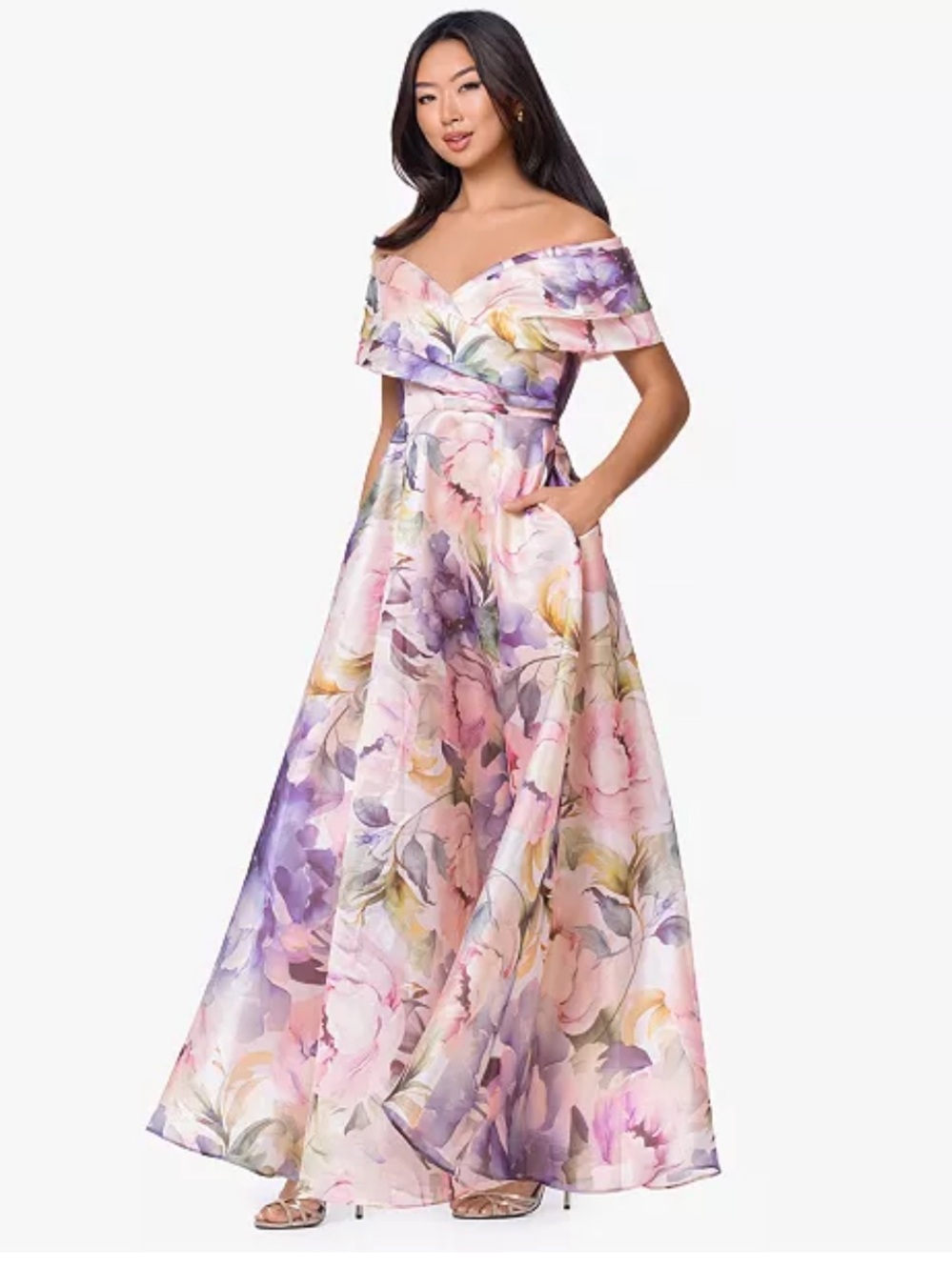 NWT - Betsy & Adam Off-the-Shoulder Floral Gown in Size 6 Petite
